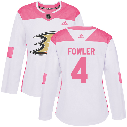 Adidas Ducks #4 Cam Fowler White/Pink Authentic Fashion Women's Stitched NHL Jersey - Click Image to Close